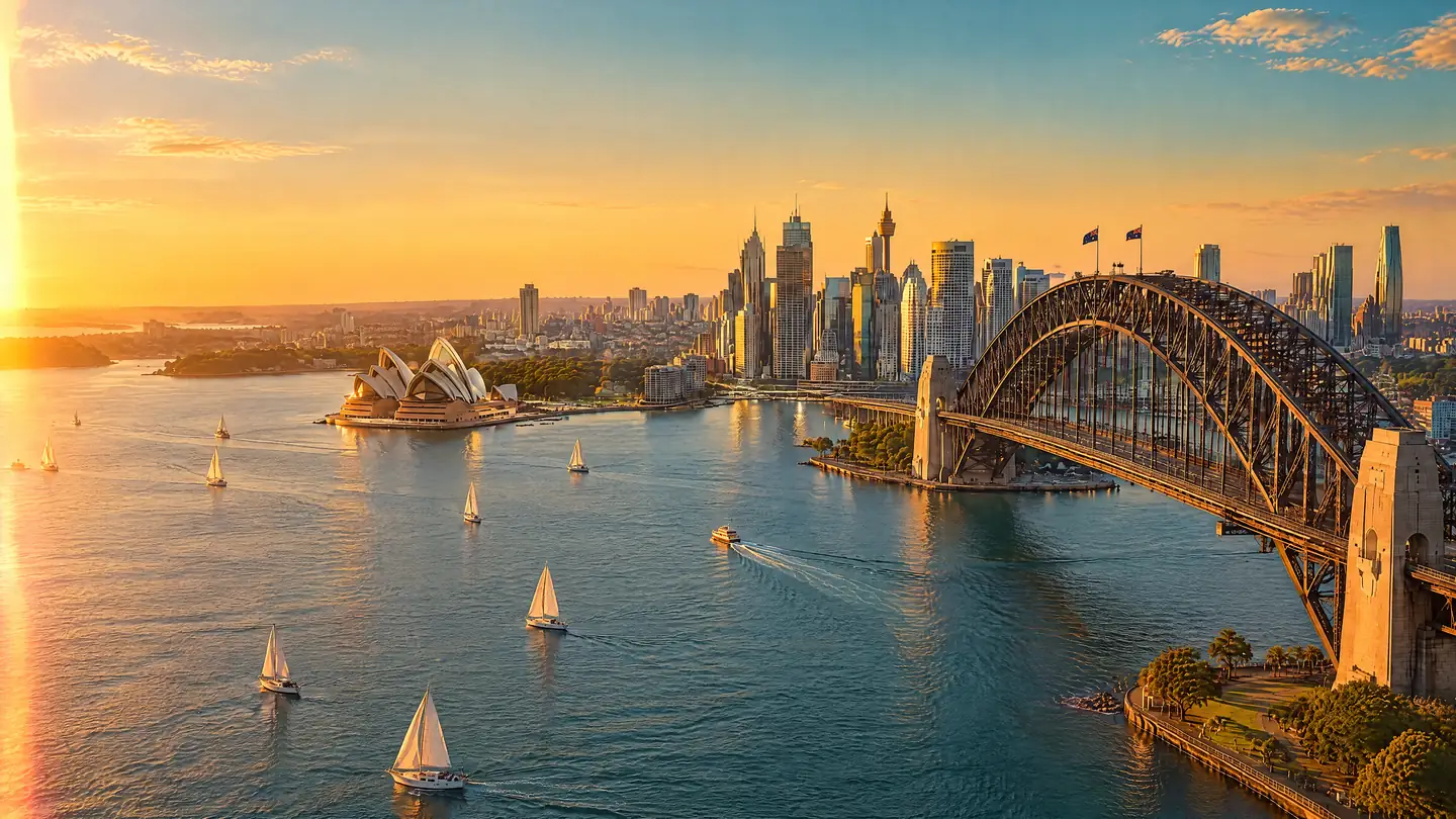 Sydney Harbour Bridge und Skyline im Abendlicht