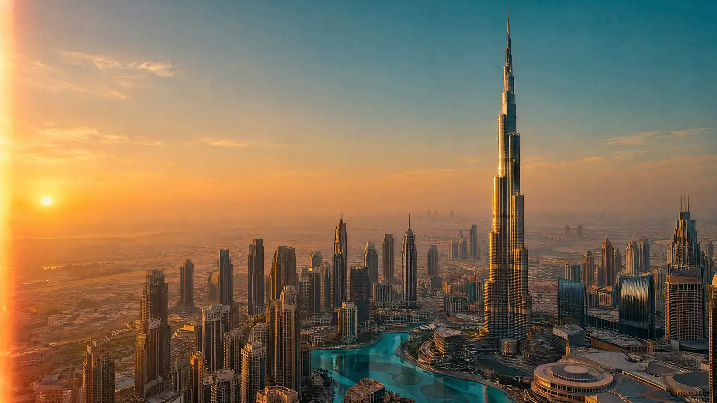 Skyline von Downtown Dubai mit dem Burj Khalifa im Abendlicht