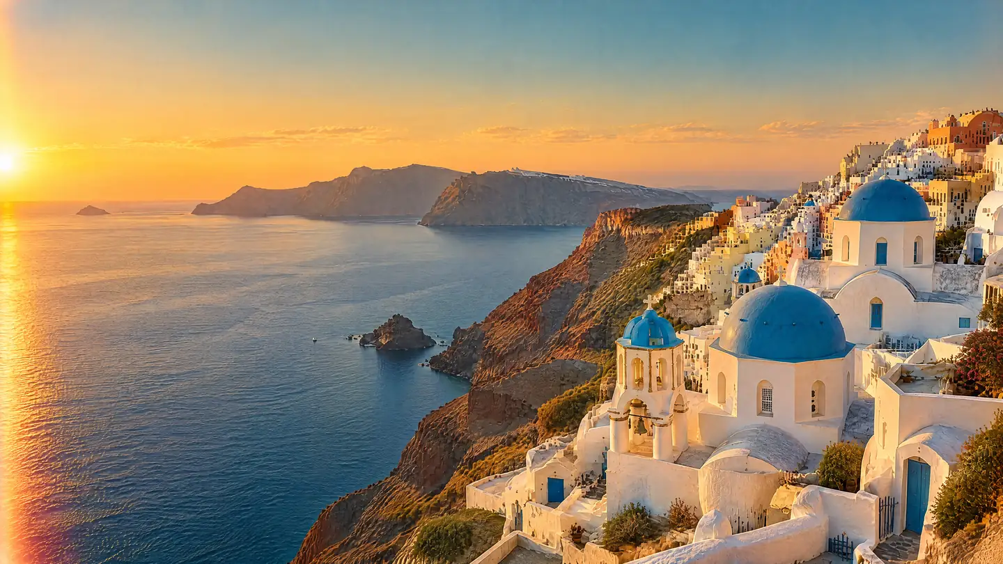Weiße Häuser und blaue Kuppeln von Oia auf Santorini