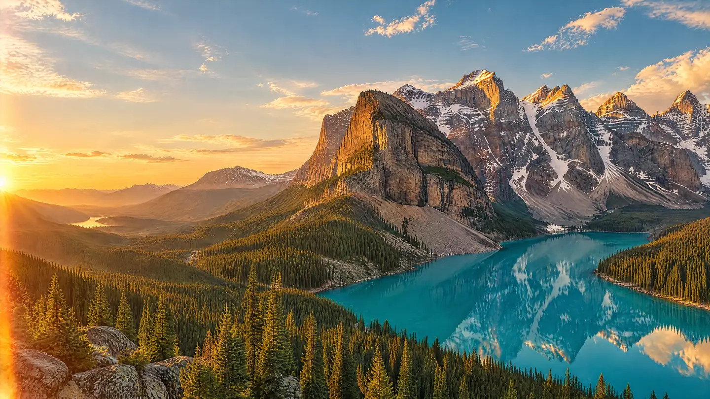 Moraine Lake im Banff-Nationalpark vor schneebedeckten Gipfeln